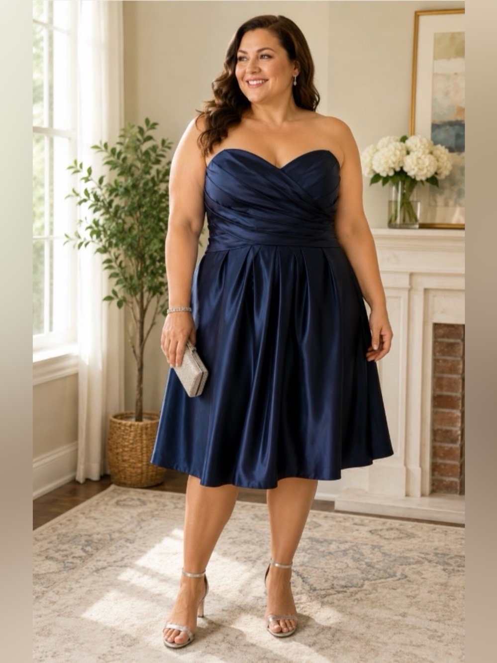 Bill Levkoff Womens Sz 20 Navy Blue Satin Strapless Cocktail Dress Pleats Formal